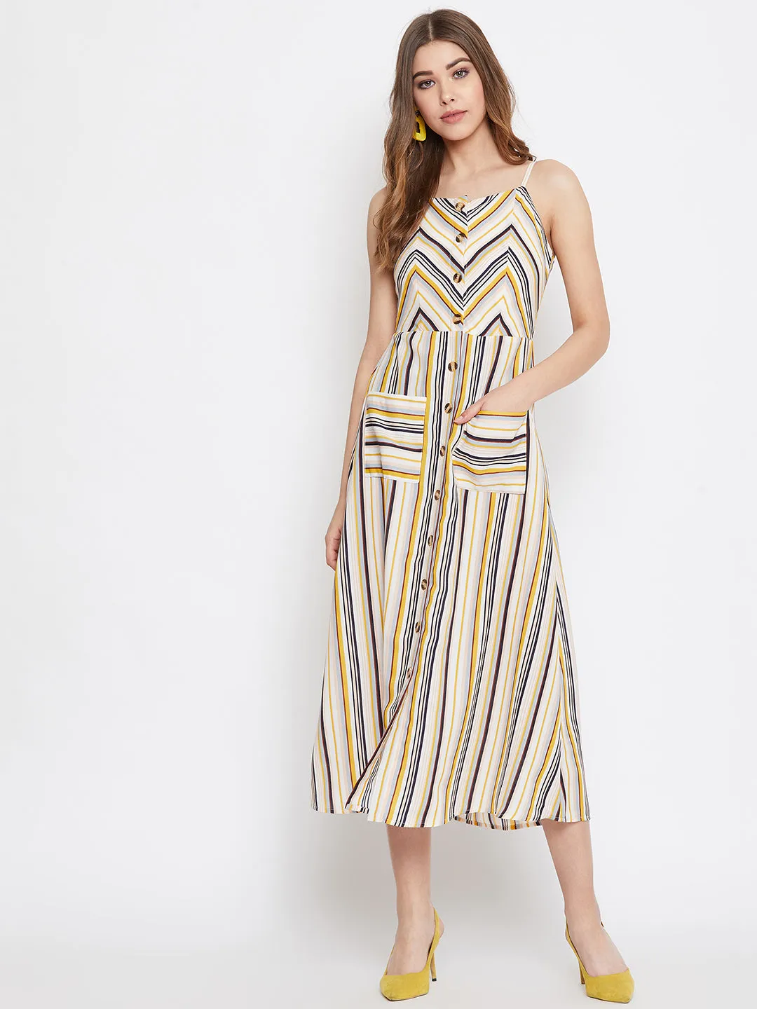 Berrylush Women Multicoloured Stripe Patterned Button-Up Flared A-Line Midi Dress