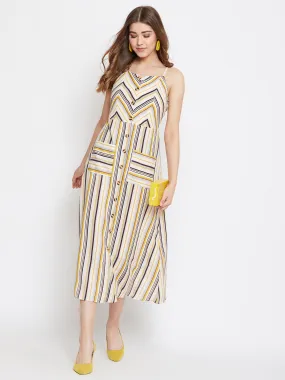 Berrylush Women Multicoloured Stripe Patterned Button-Up Flared A-Line Midi Dress