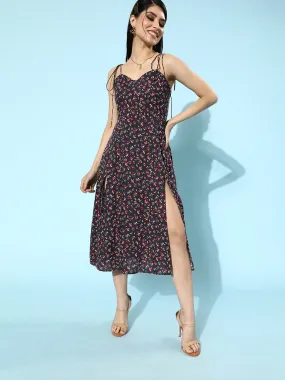 Berrylush Women Navy Blue Floral Printed Sweetheart Neck A-Line Midi Dress