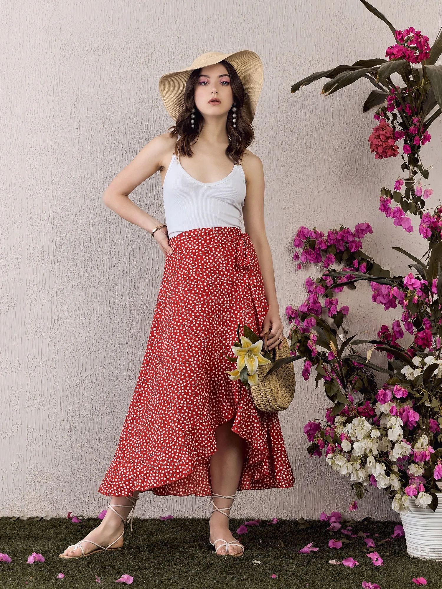 Berrylush Women Red & White Polka Dot Printed High-Rise Waist Tie-Up Tulip Hem Wrap Ruffled Midi Skirt