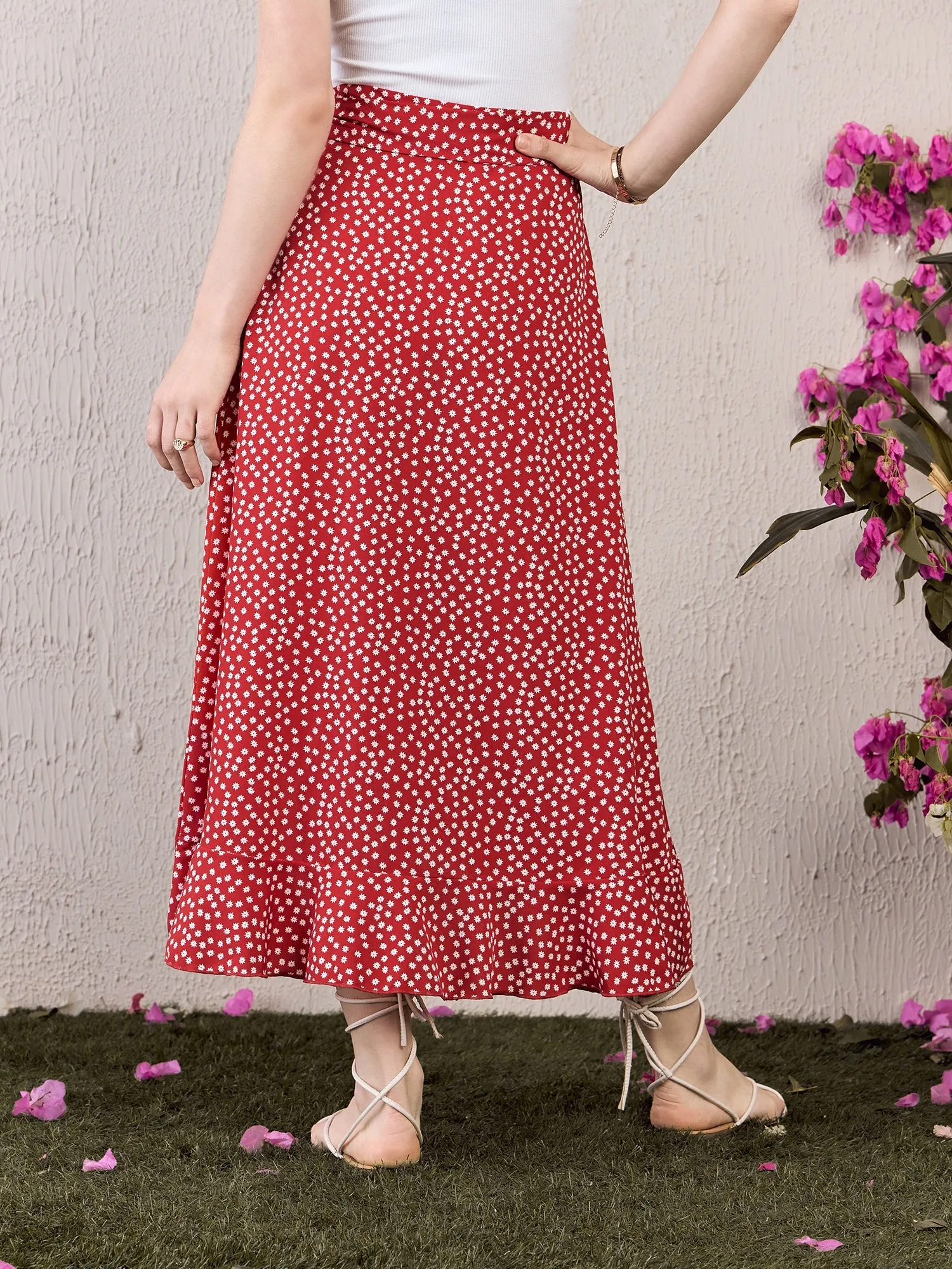 Berrylush Women Red & White Polka Dot Printed High-Rise Waist Tie-Up Tulip Hem Wrap Ruffled Midi Skirt