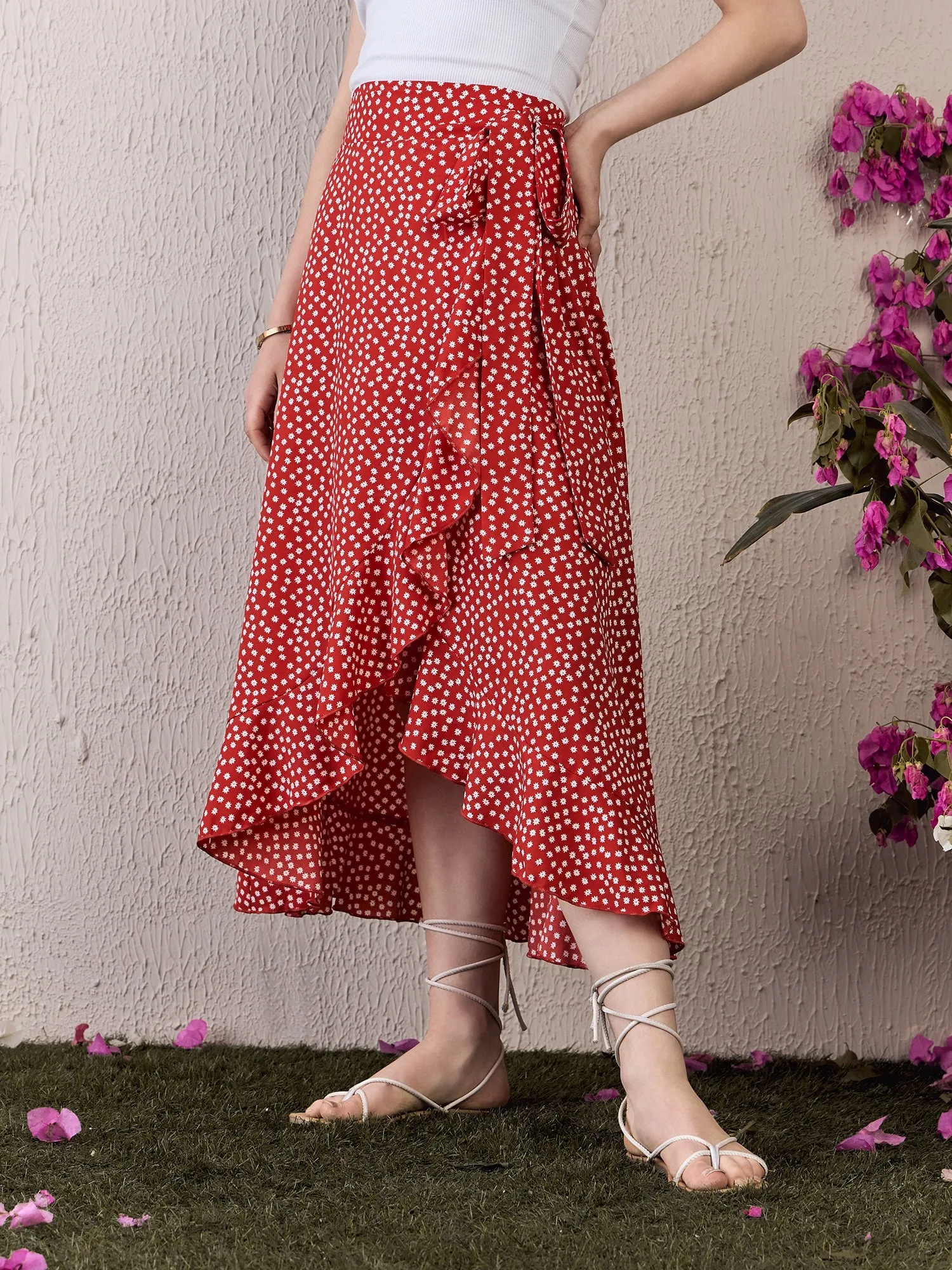 Berrylush Women Red & White Polka Dot Printed High-Rise Waist Tie-Up Tulip Hem Wrap Ruffled Midi Skirt