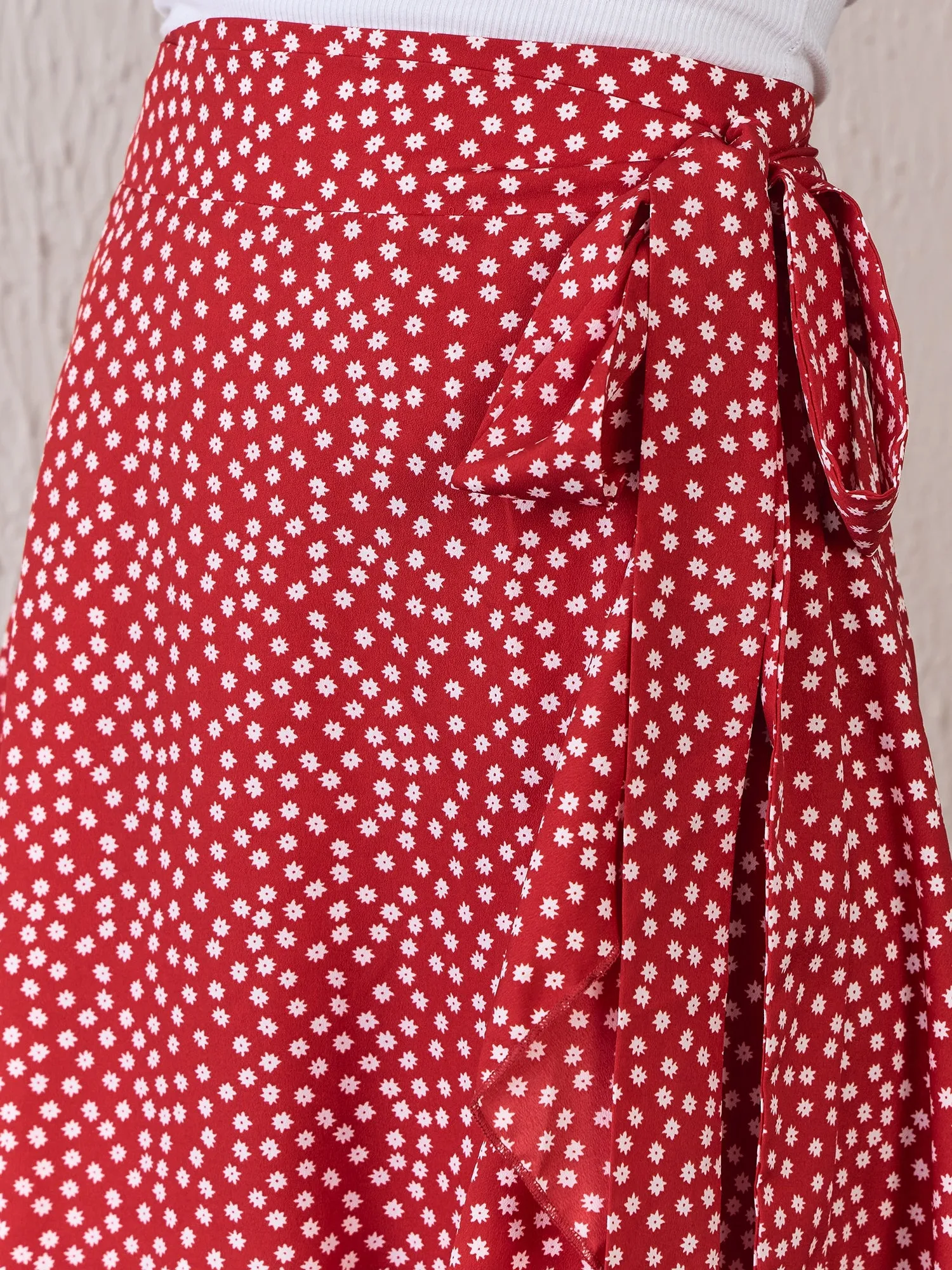 Berrylush Women Red & White Polka Dot Printed High-Rise Waist Tie-Up Tulip Hem Wrap Ruffled Midi Skirt