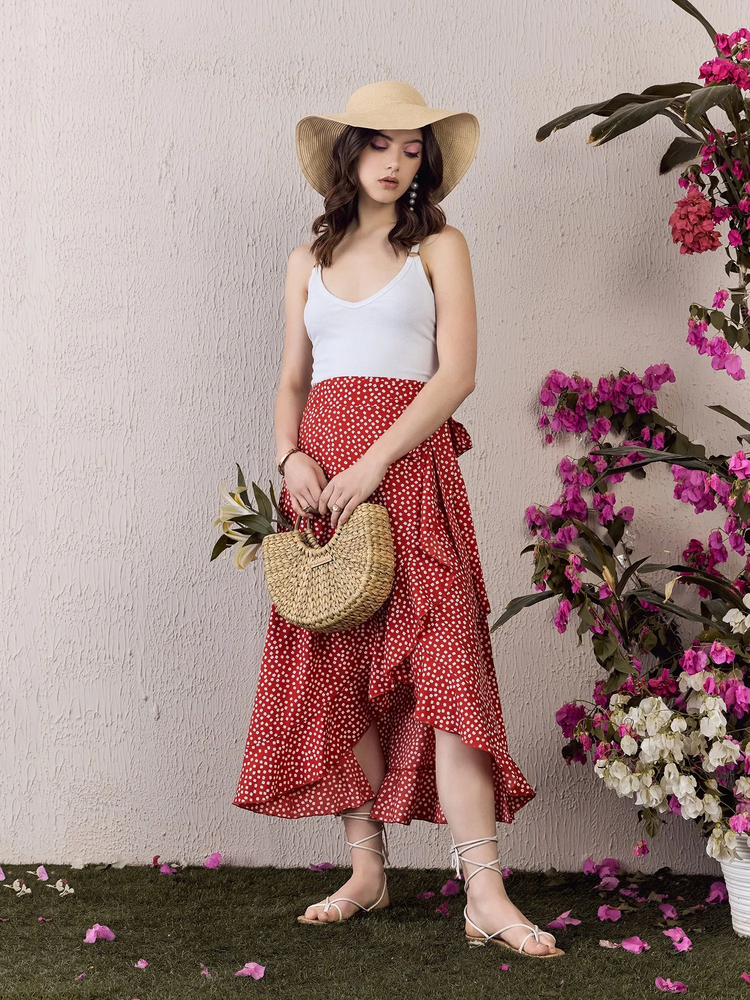 Berrylush Women Red & White Polka Dot Printed High-Rise Waist Tie-Up Tulip Hem Wrap Ruffled Midi Skirt