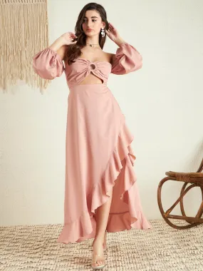 Berrylush Women Solid Light Pink Off-Shoulder Neck Puff Sleeves Cut-Out Asymmetrical Hem A-Line Midi Dress