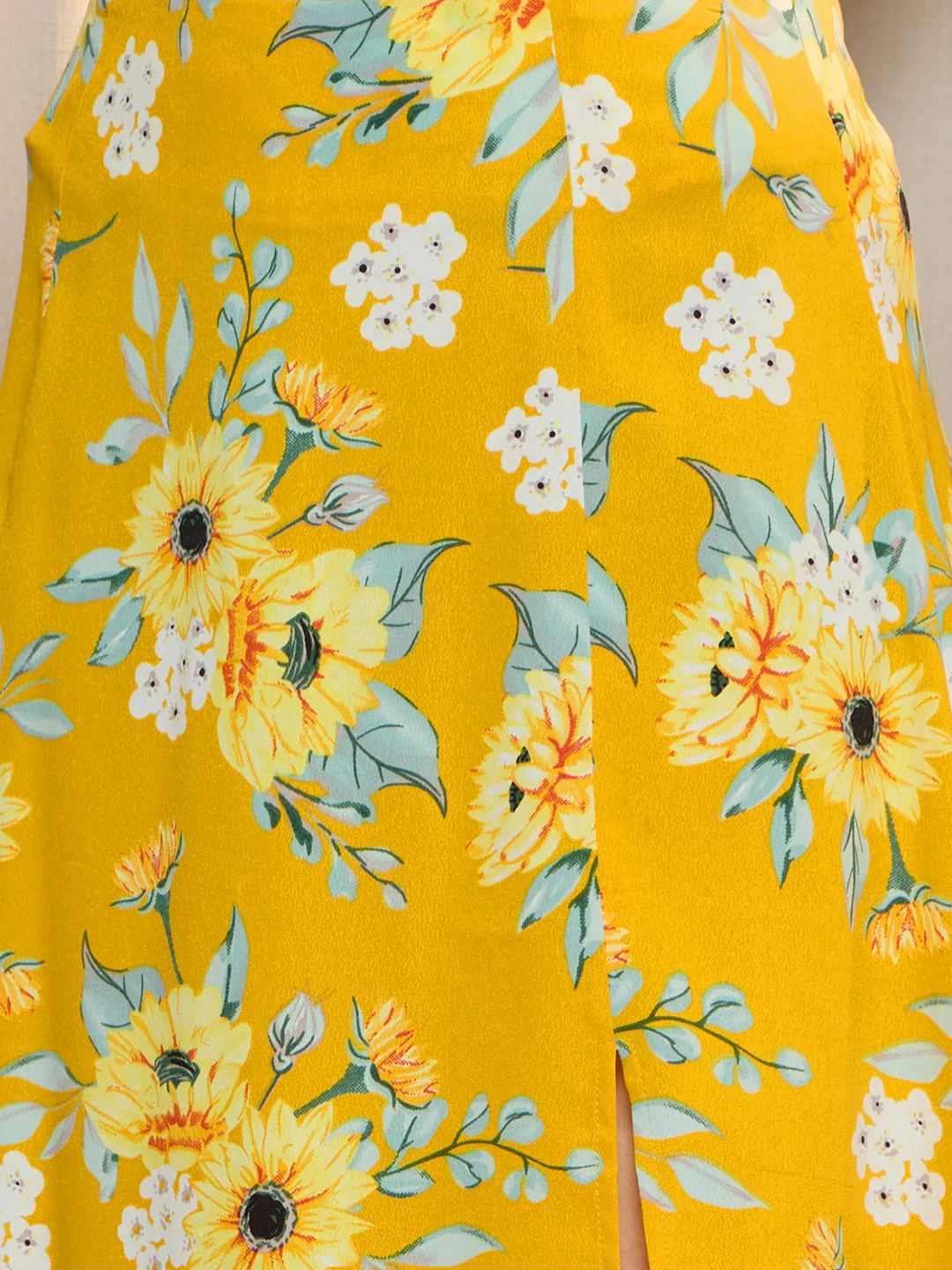 Berrylush Women Yellow & Green Floral Printed High-Rise Waist Slip-On Thigh-High Slit Straight Hem A-Line Midi Skirt