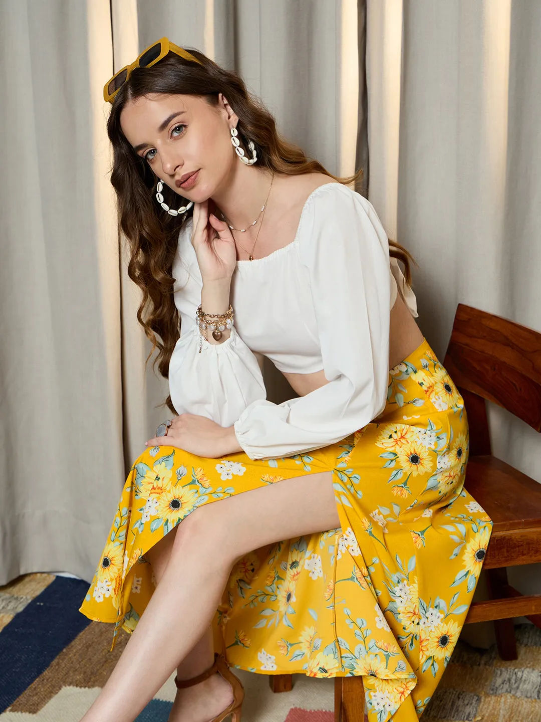 Berrylush Women Yellow & Green Floral Printed High-Rise Waist Slip-On Thigh-High Slit Straight Hem A-Line Midi Skirt