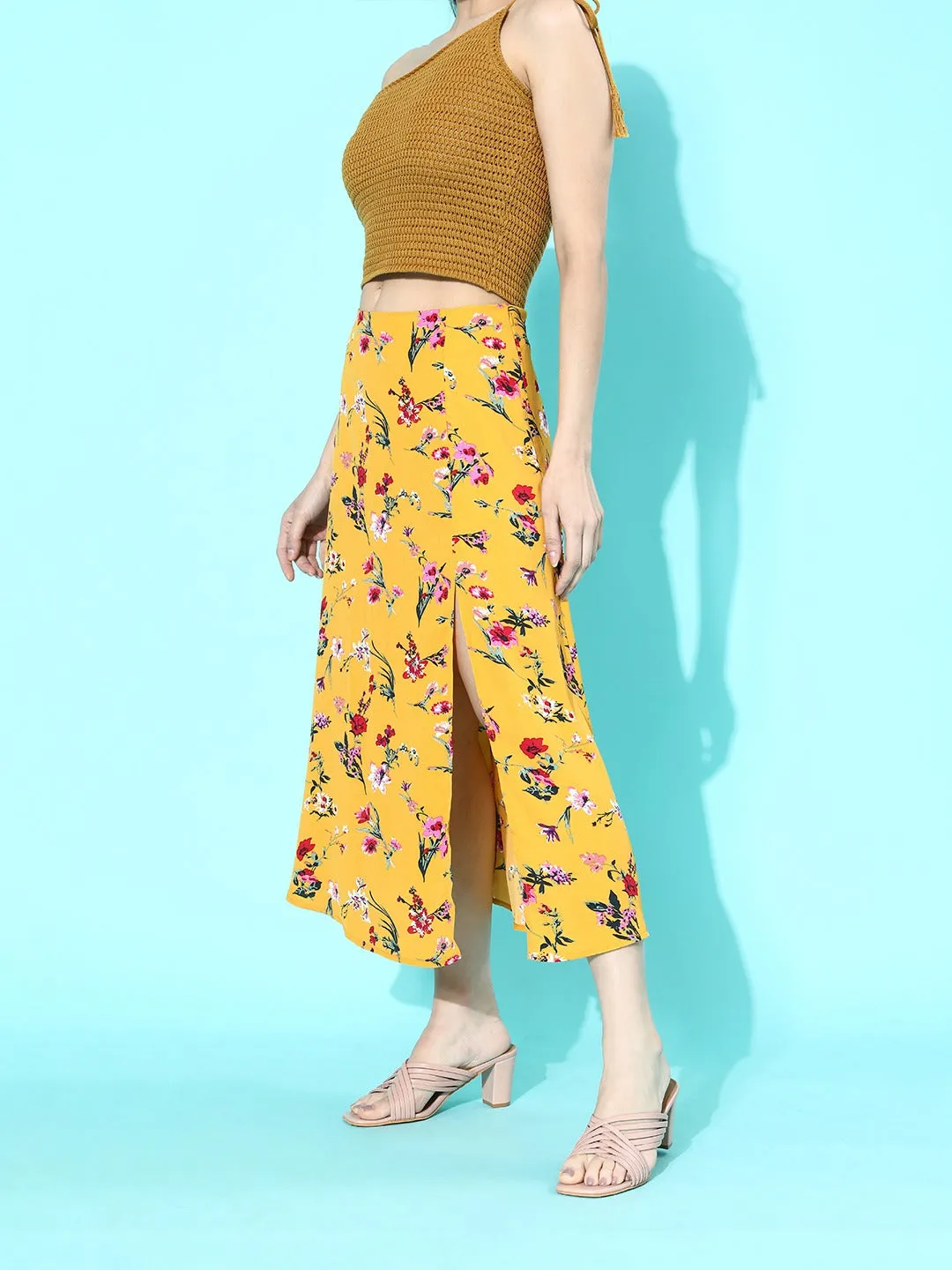 Berrylush Women Yellow Floral Printed Thigh-Slit Flared Midi Skirt