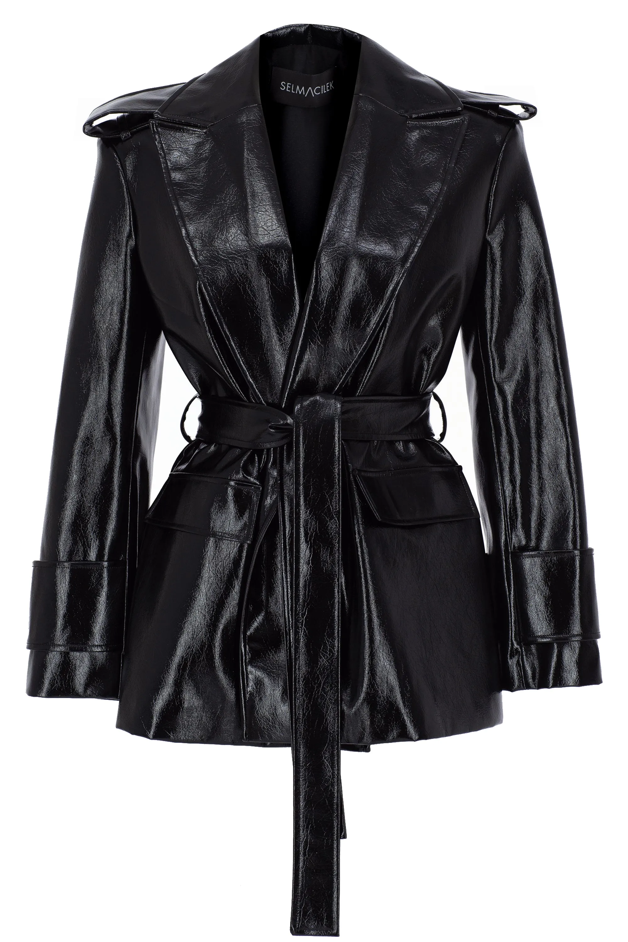 BLACK CRACK LEATHER SHOULDER DETAILED JACKET WITH TIE-DETAIL