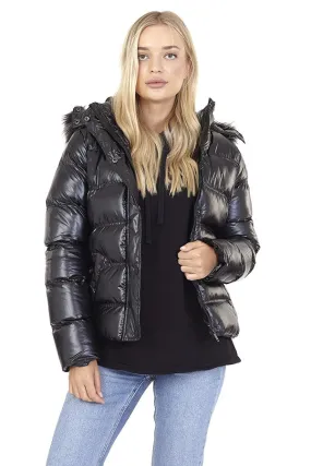 BLACK HIGH SHINE PADDED SHORT HOODED JACKET