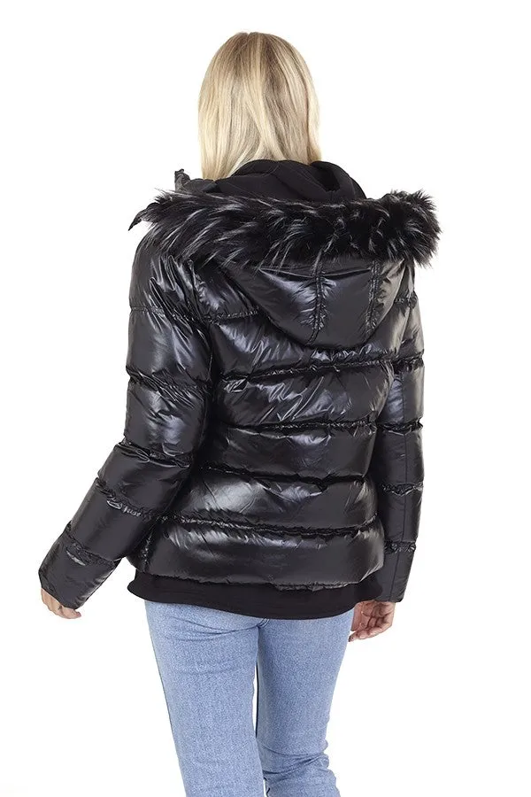 BLACK HIGH SHINE PADDED SHORT HOODED JACKET