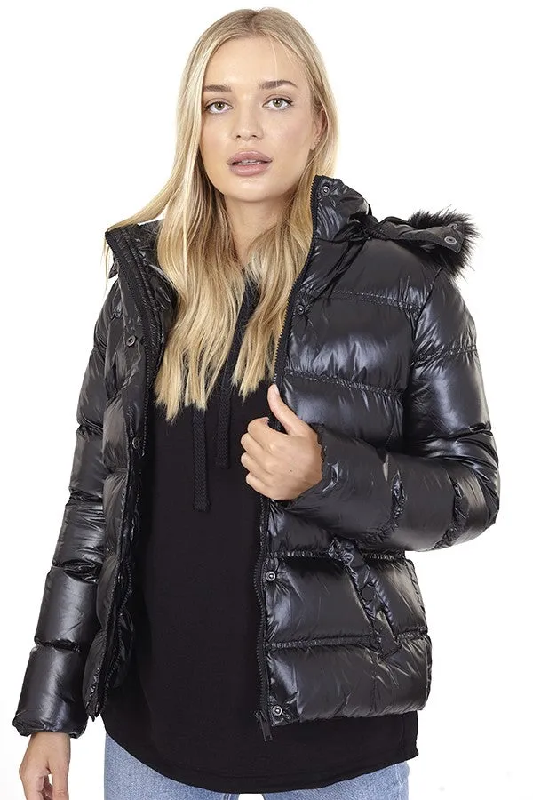 BLACK HIGH SHINE PADDED SHORT HOODED JACKET