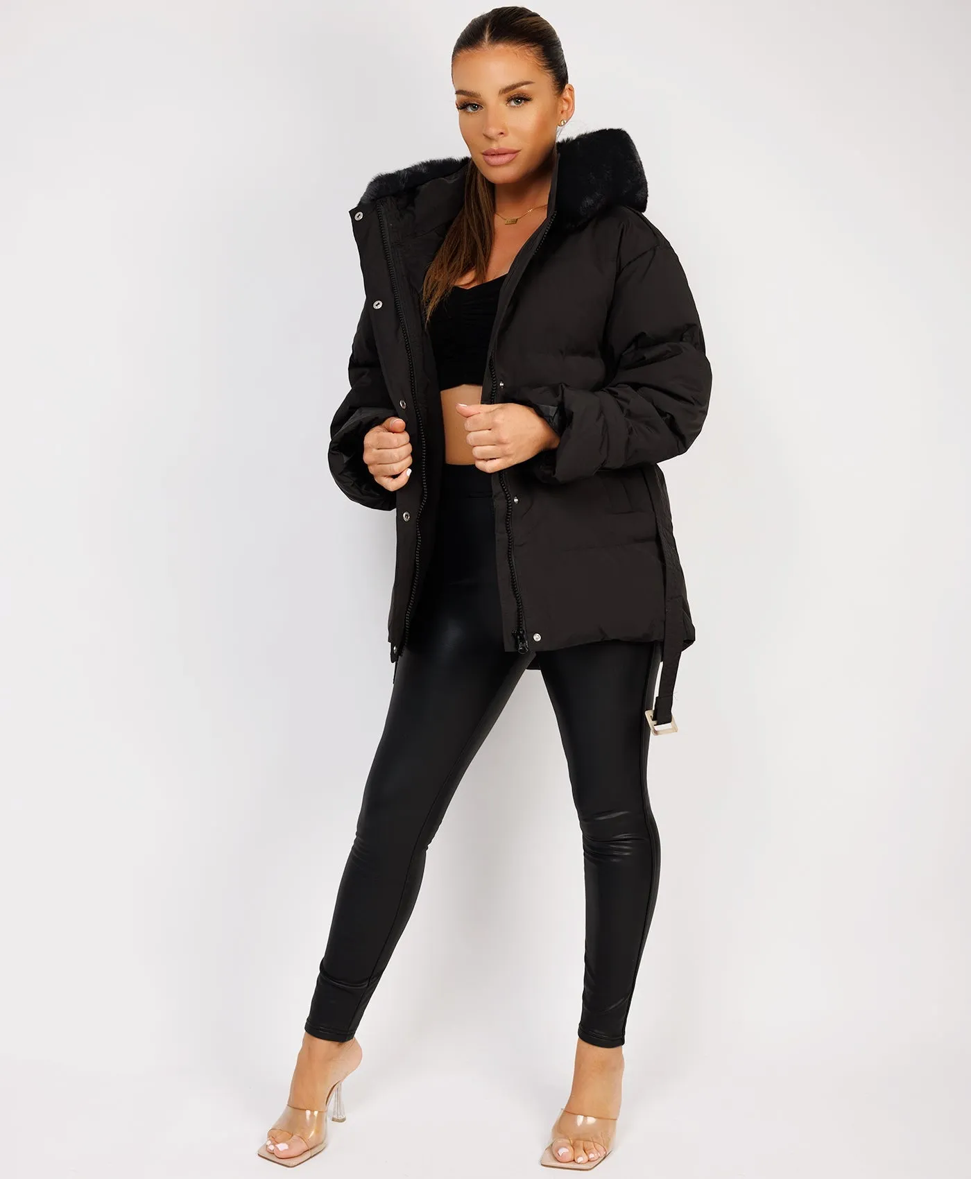 Black Padded Faux Fur Hood Ivory Waist Belted Jacket