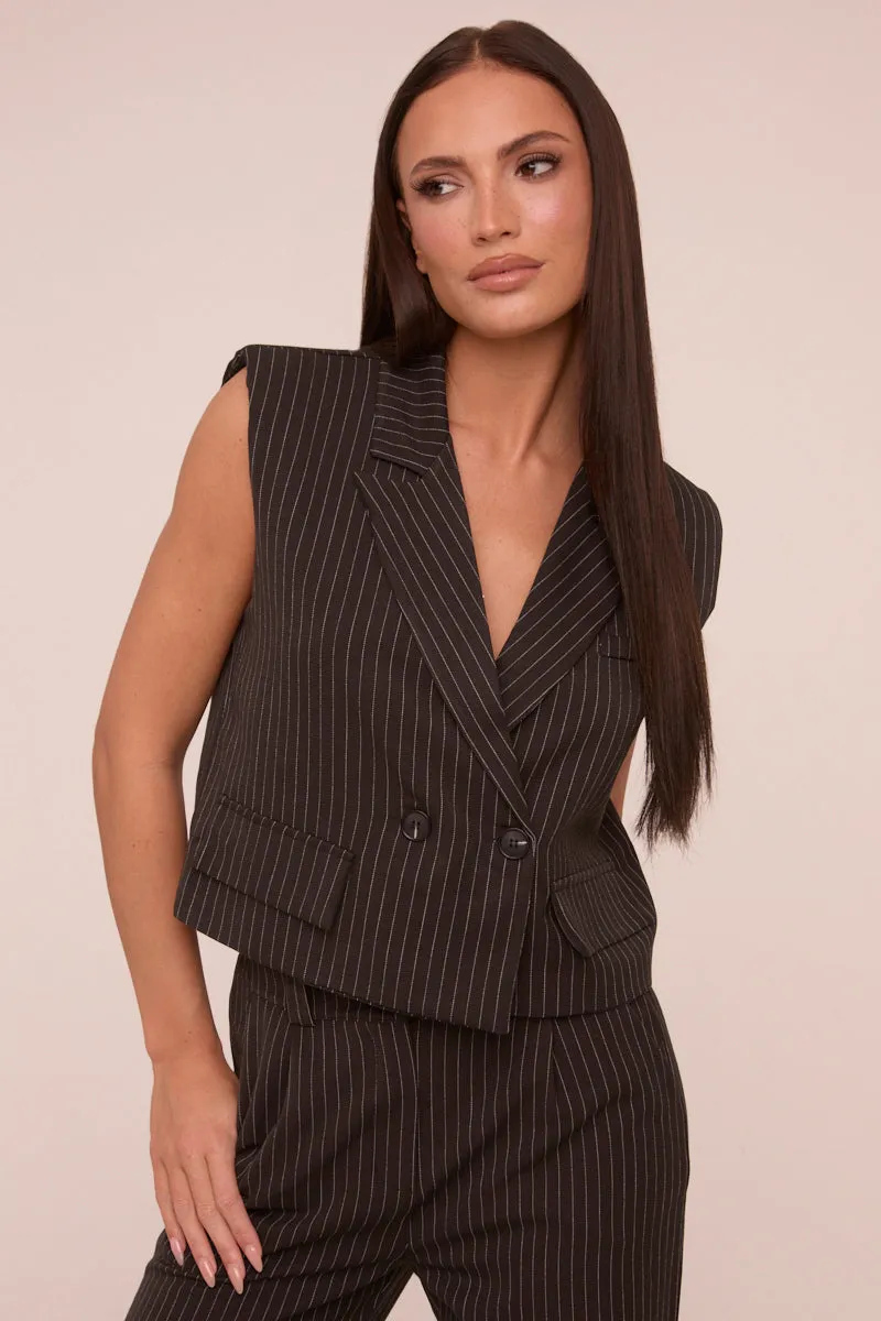 Black Pin Stripe Boxy Waist Coat & Straight Leg Trouser Co-ord Set - Ardel