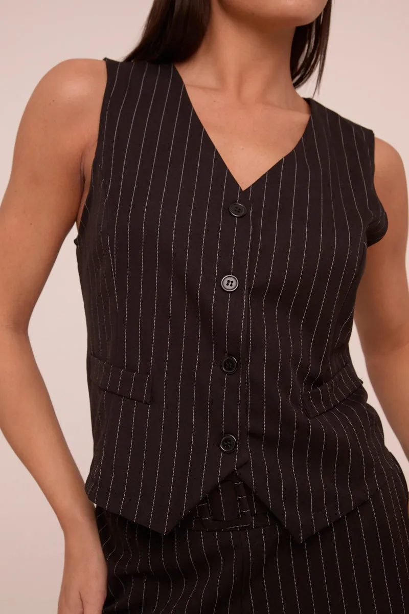 Black Pin Stripe Sleeveless Waist Coat - Danita