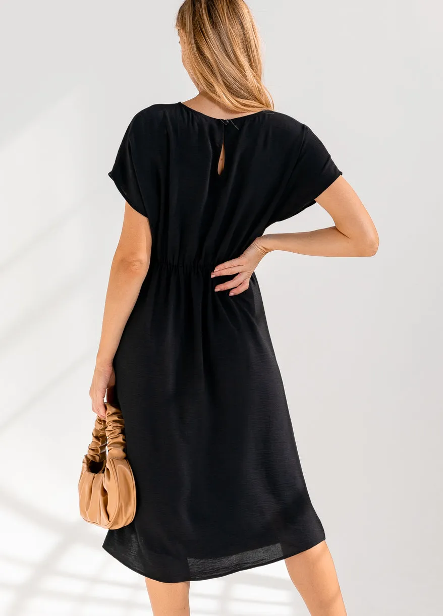 Black Shirring Midi Dress