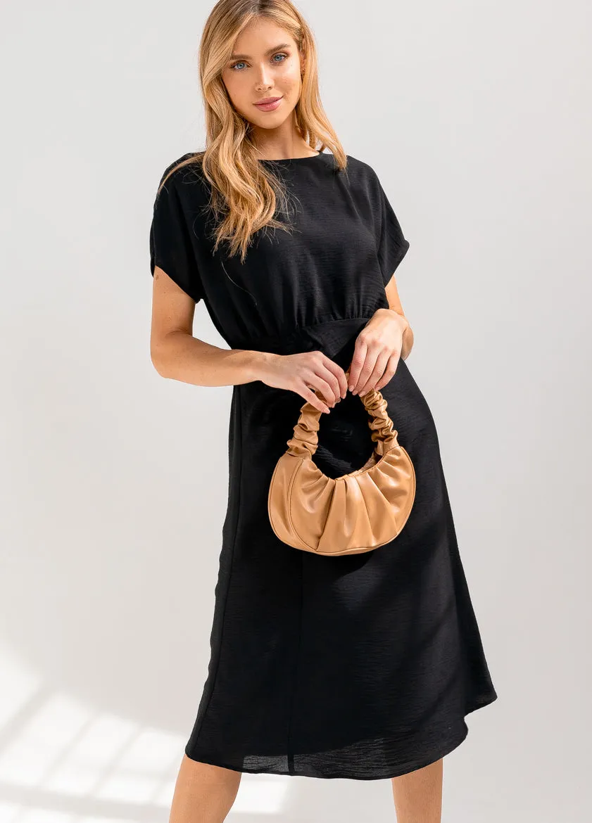 Black Shirring Midi Dress