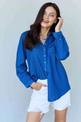 Blue Jean Baby Denim Button Down Shirt Top in Dark Blue