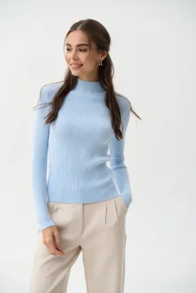 Blue Rib Knit Turtleneck Sweater