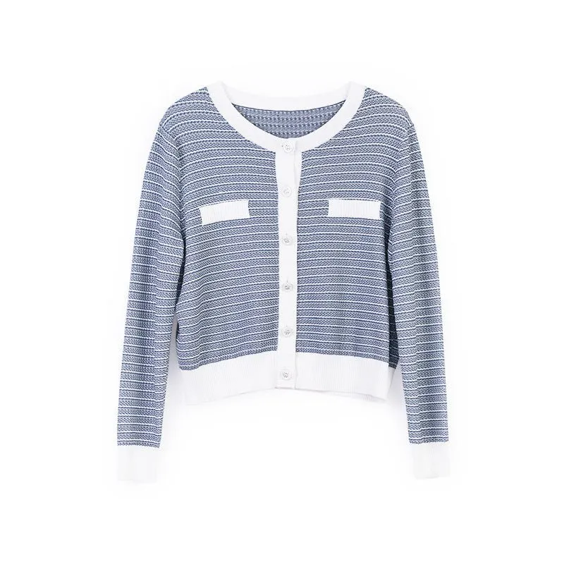 Blue Soft Knit Long Sleeve Stripe Cardigans