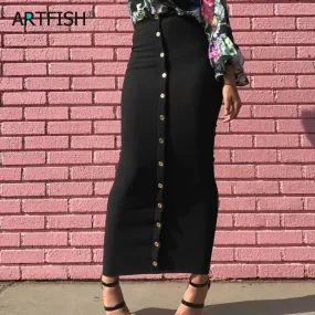 Bodycon   Autumn Women High Waist Skirts Button Maxi Long Skirt Femme Sexy Pencil Bodycon Skirts Solid Black GV799