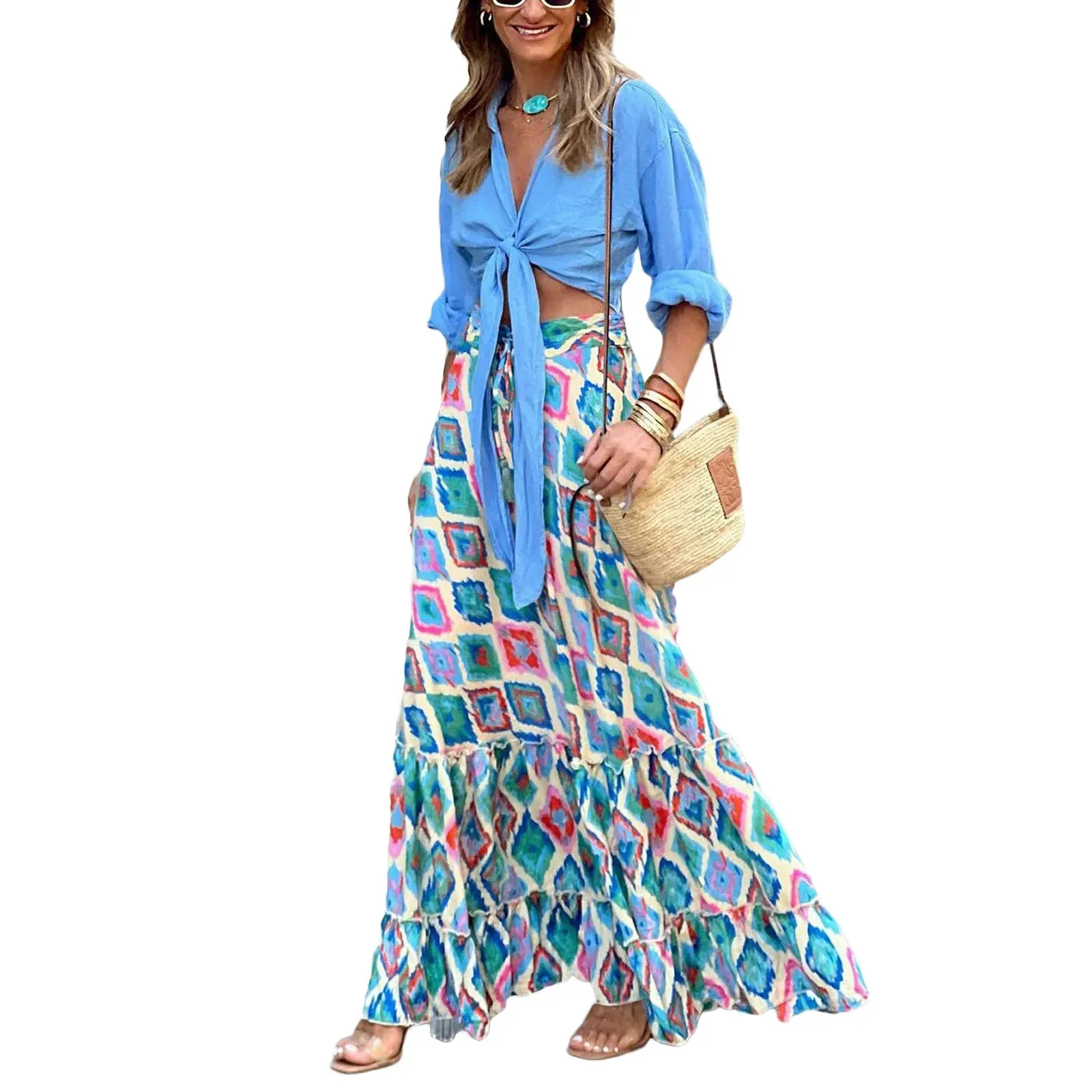 Boho Color Contrast Printed Ruffled Hem Summer Casual for Beach Vacation Club Streetwear Aesthetic Flowy Skirt