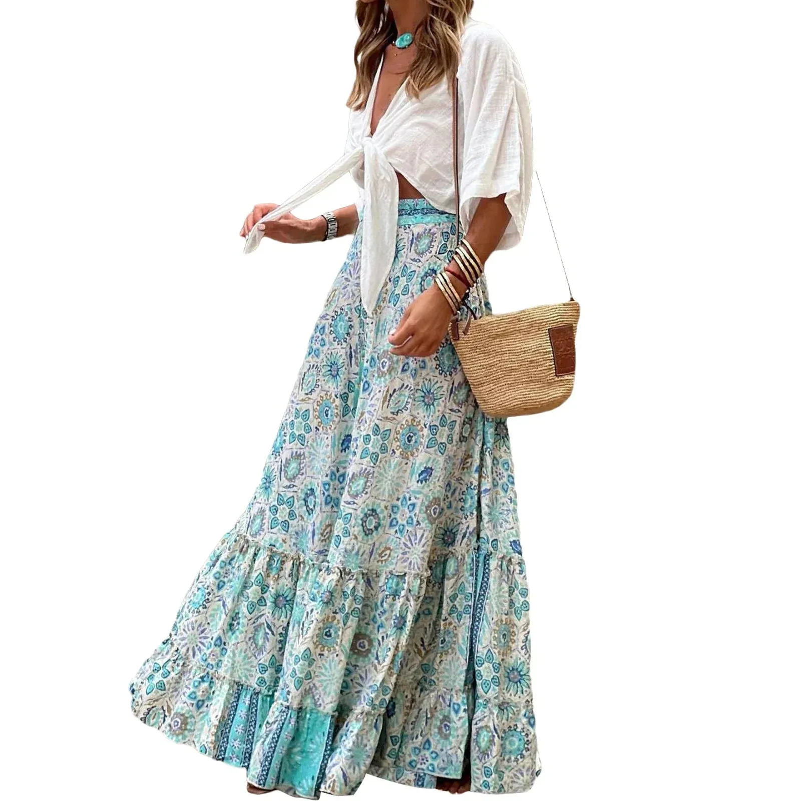 Boho Color Contrast Printed Ruffled Hem Summer Casual for Beach Vacation Club Streetwear Aesthetic Flowy Skirt