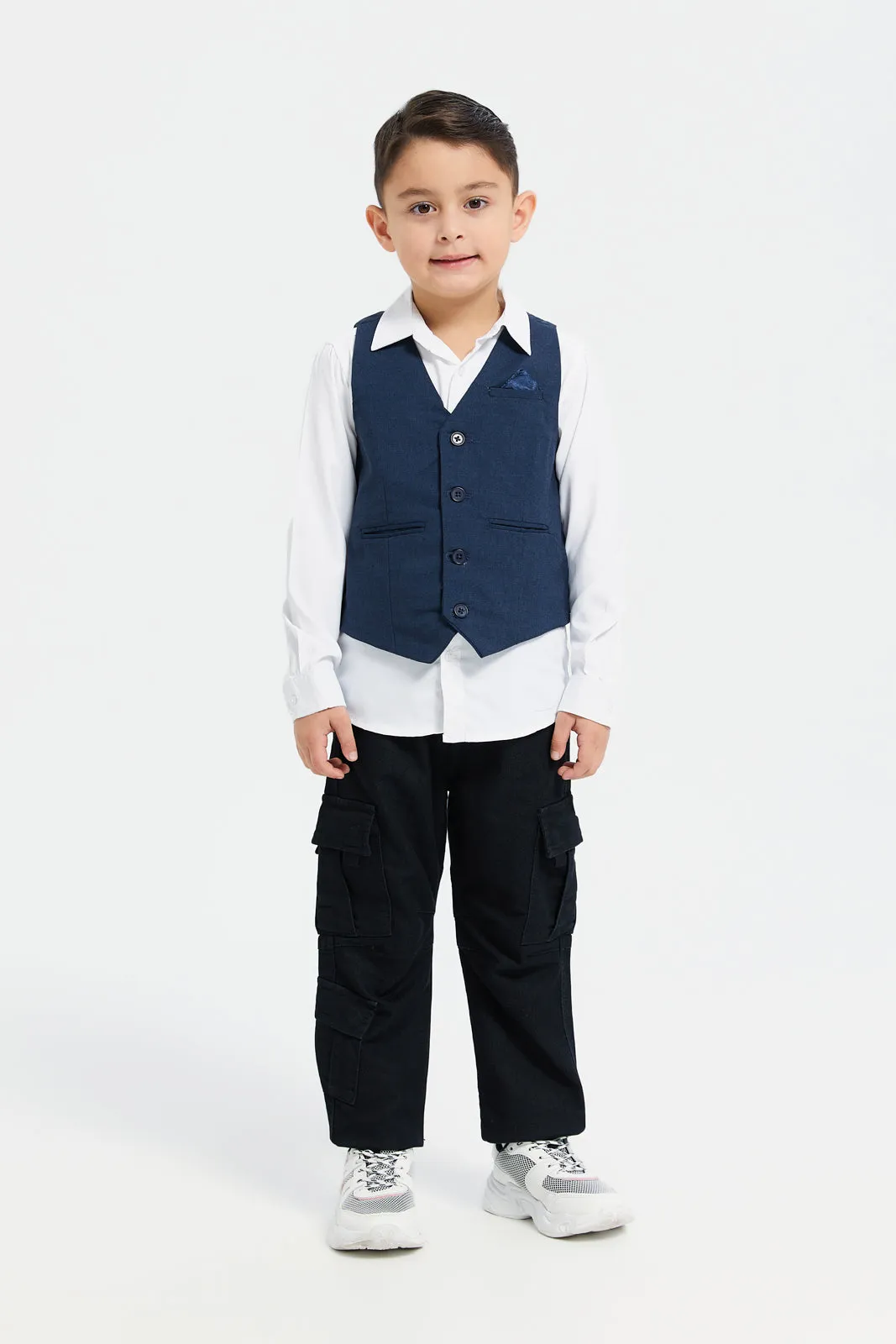 Boys Navy And White Vest And Shirt Set (2 Piece)