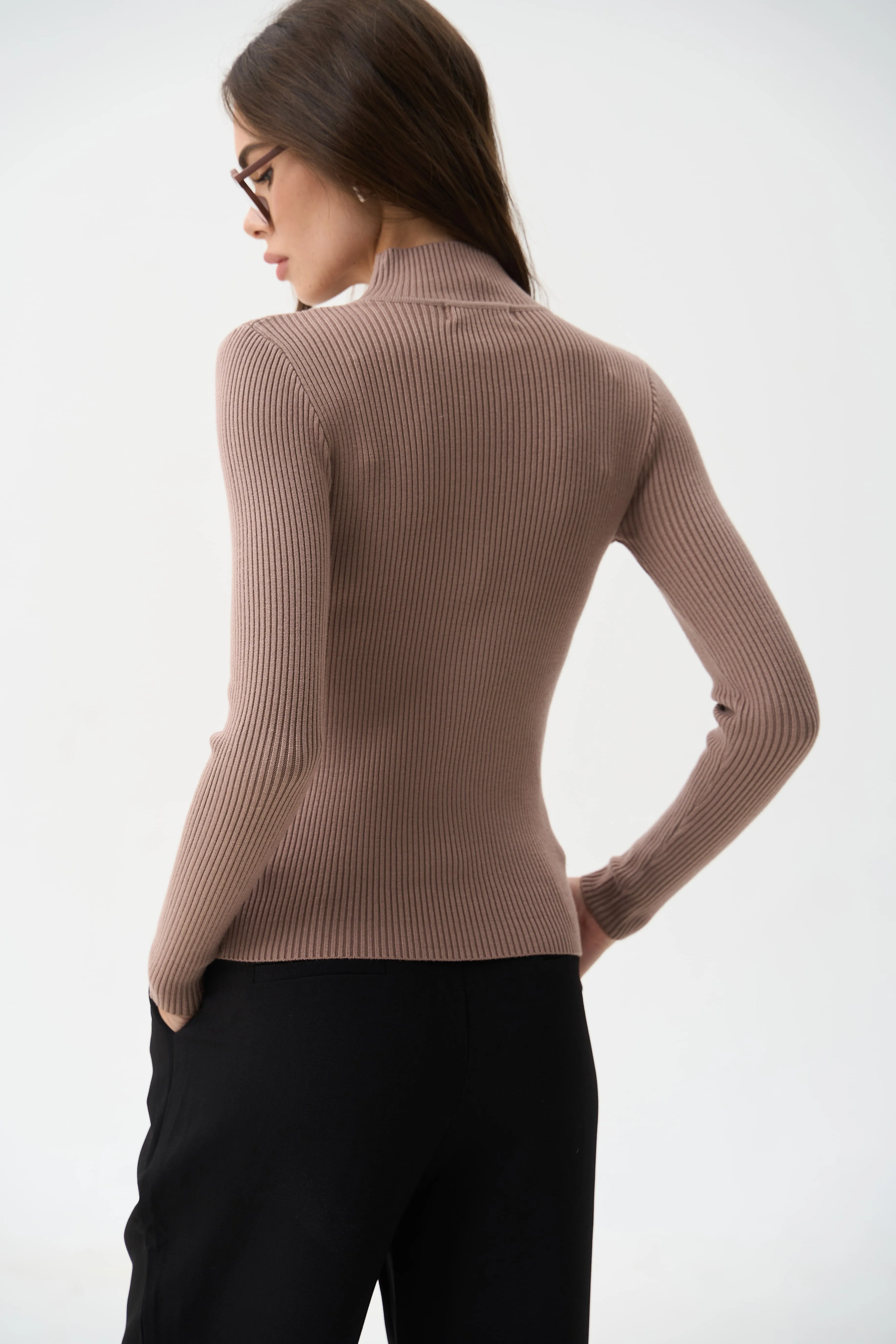 Brown Rib Knit Turtleneck Sweater