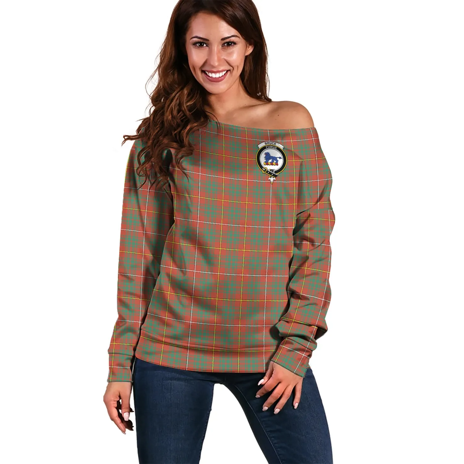 Bruce Ancient Tartan Off Shoulder Women Sweater with Family Crest