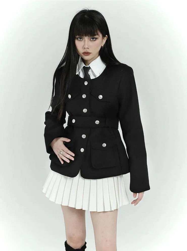 Button Detail Flap Pockets Coat with Belt