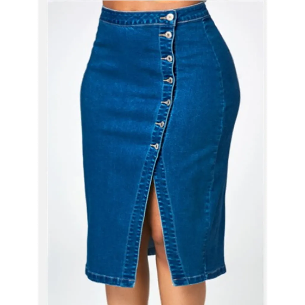 Buttoned Front Split Hem Denim Pencil Skirt