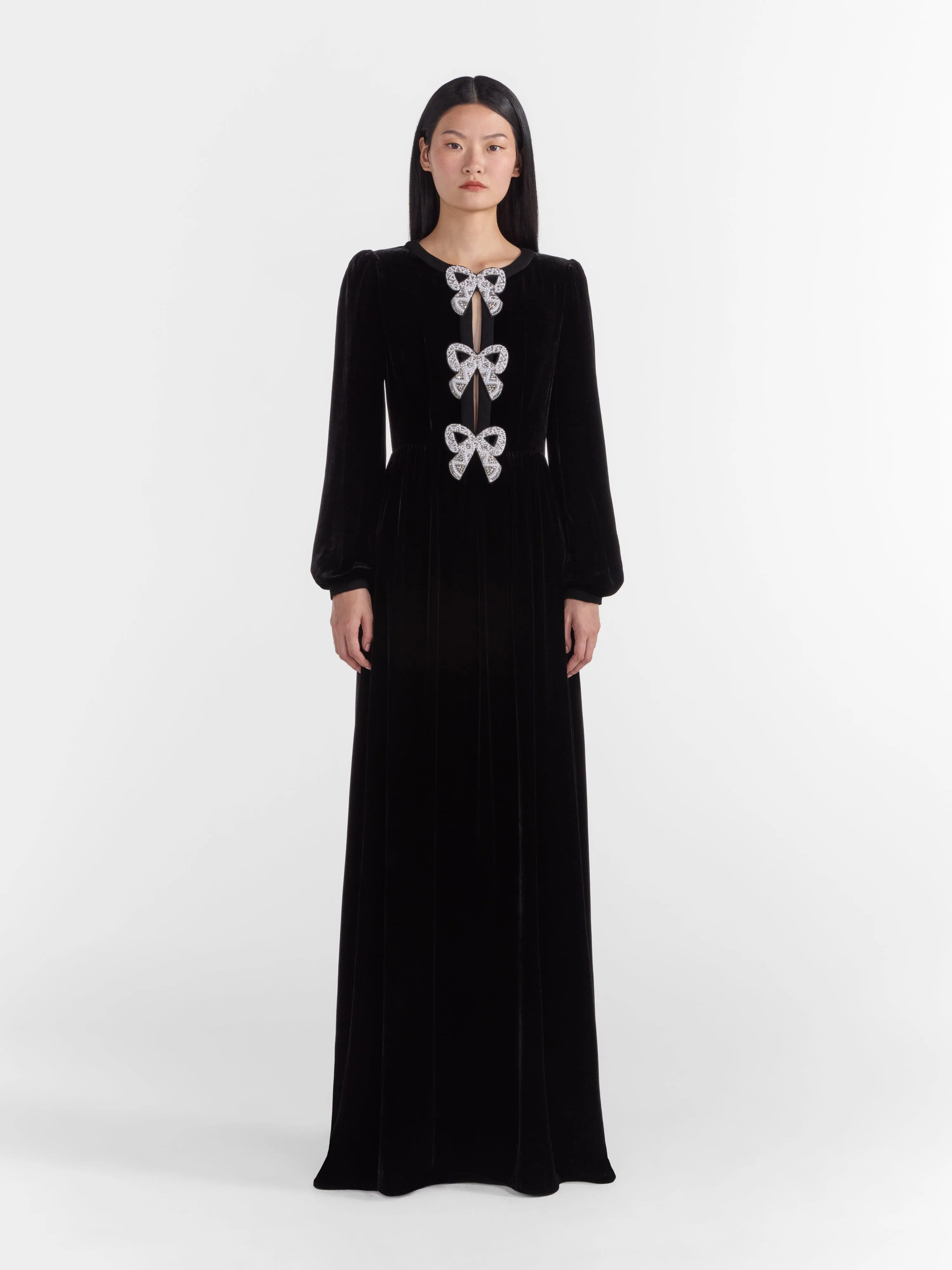 Camille Velvet Embellished Bows Long Dress in Black