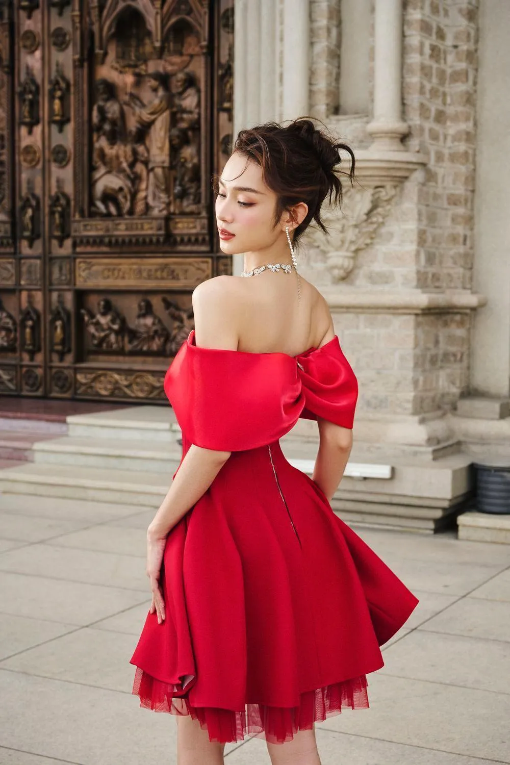 Carina A-line Off-Shoulder Duchess Satin Midi Dress