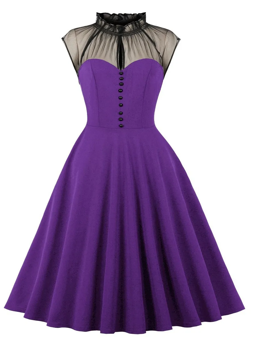 Chic Purple Ruffled Collar Midi Dress