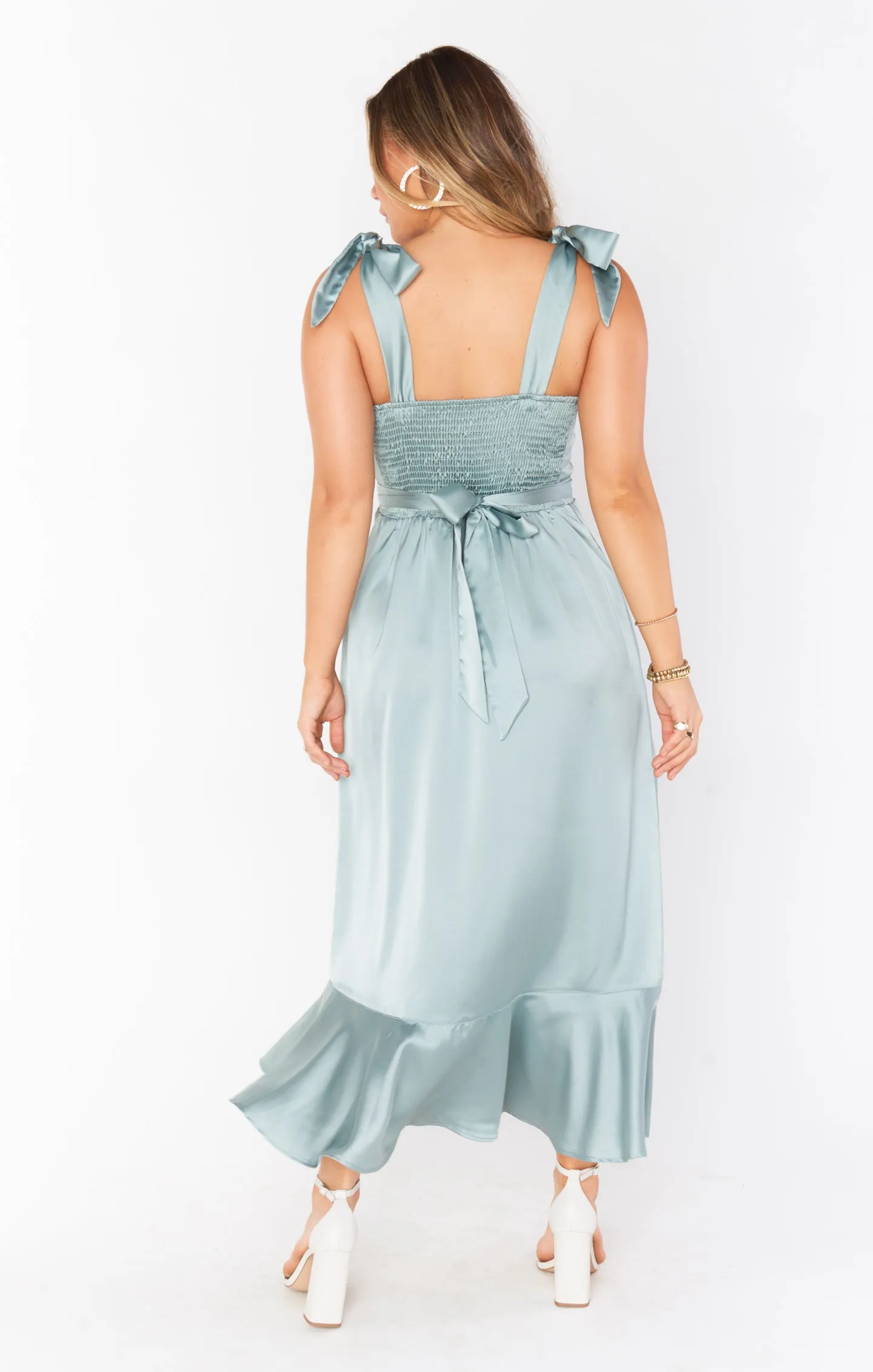 Claire Midi Dress ~ Silver Sage Luxe Satin