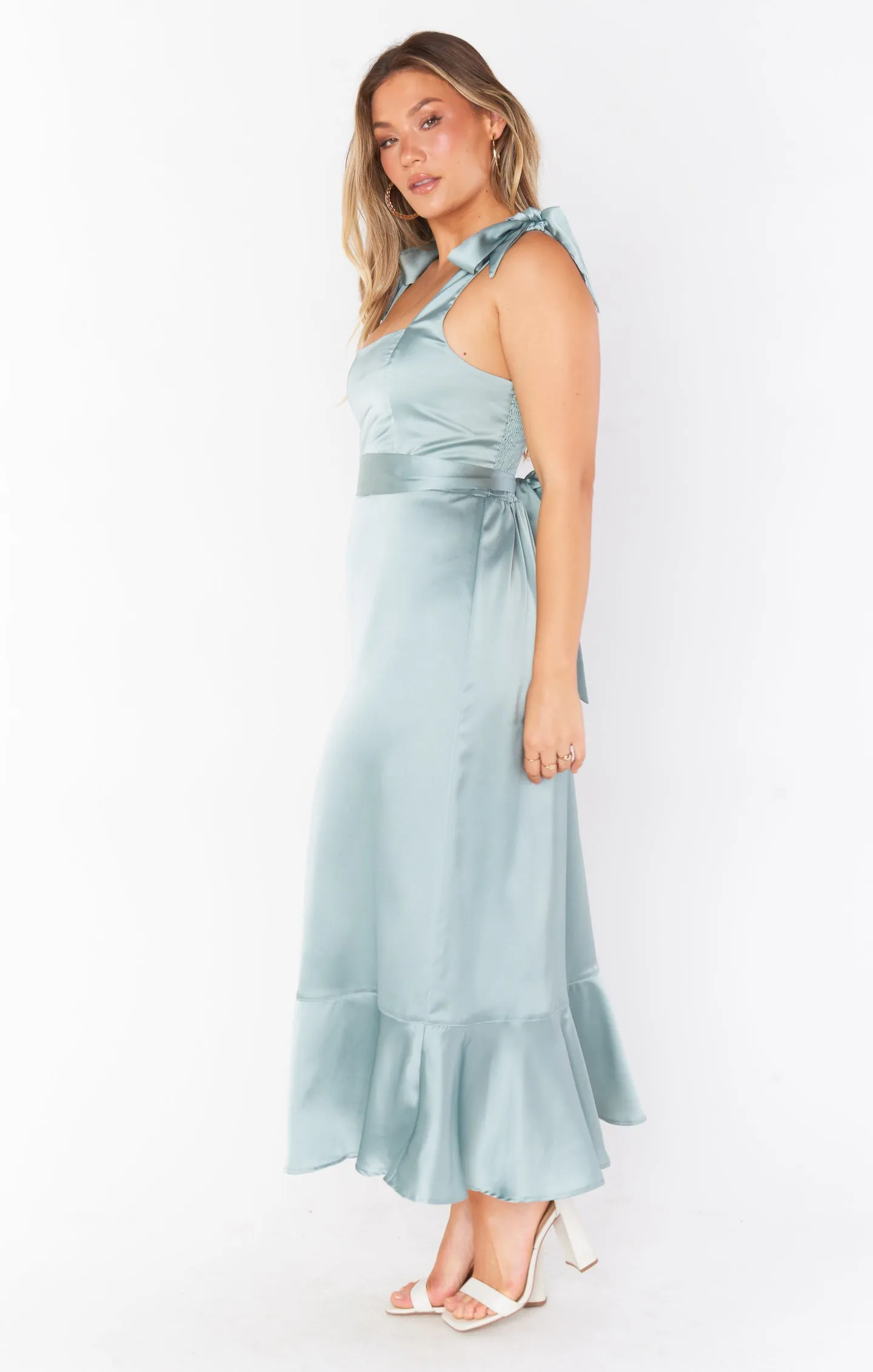 Claire Midi Dress ~ Silver Sage Luxe Satin