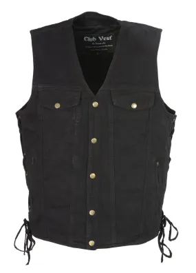 Club Vest CVM1360 Men's Classic Side Lace Black Denim Motorcycle Vest with Snap Buttons