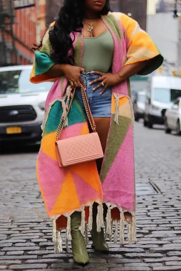 Colourful Colorblock Fringe Hem Coat