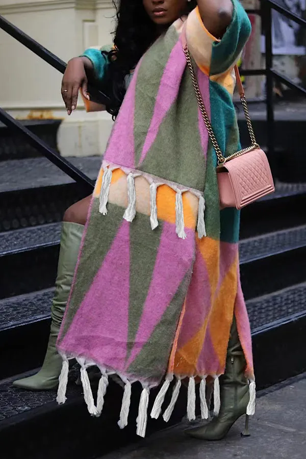 Colourful Colorblock Fringe Hem Coat