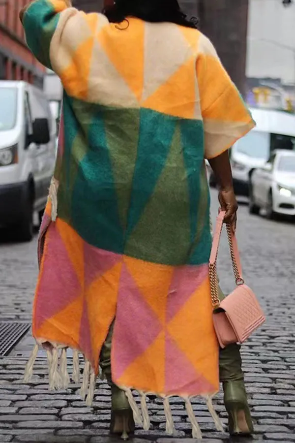 Colourful Colorblock Fringe Hem Coat