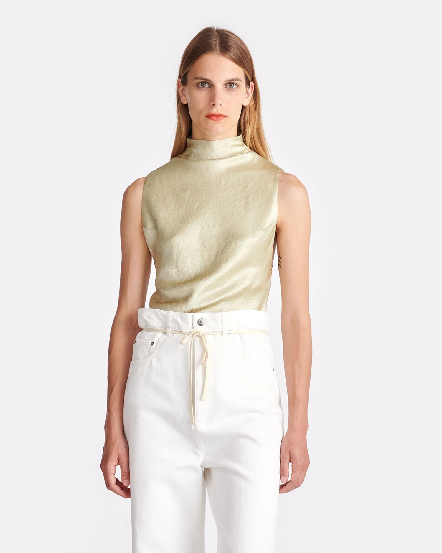 Colson - Crinkled-Satin Turtleneck Top - Green Tea