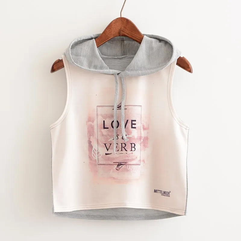 Crop Top Printed Sleeveless Hoodie