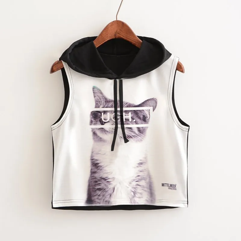 Crop Top Printed Sleeveless Hoodie