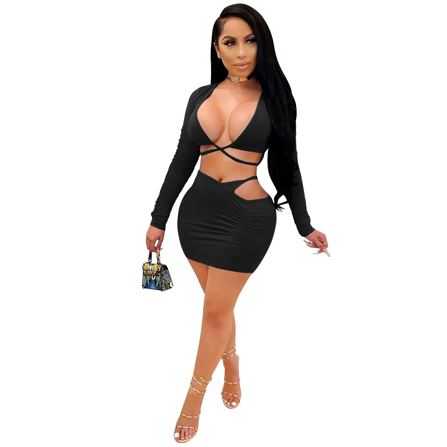 Cutubly Solid Suit Outfit Sexy Two Piece Set Women Deep