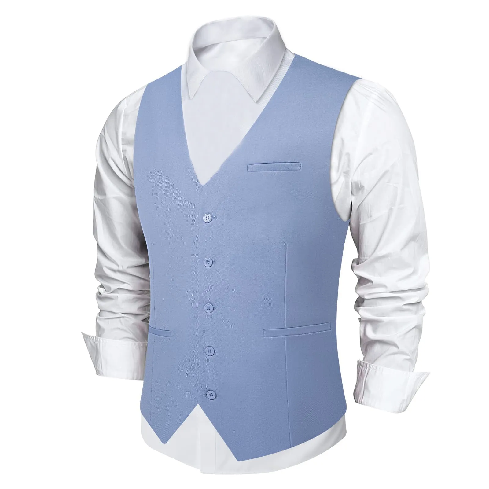 DiBanGu Mens Vest Carolina blue Solid V Neck Waistcoat Silk Dress Button Vest