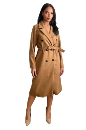 Double Breasted Self Tie Belt Midi Coat