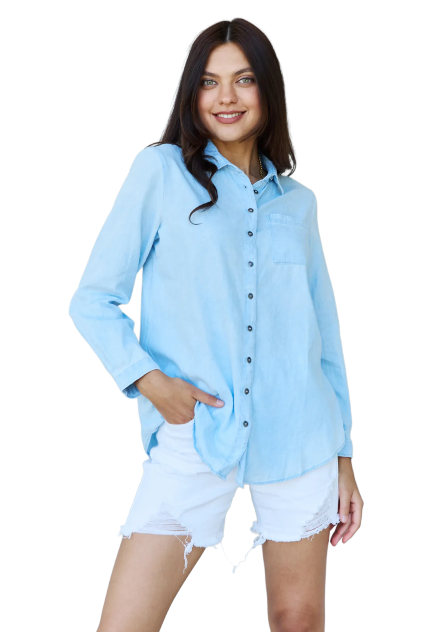 Doublju Blue Jean Baby Denim Button Down Shirt Top in Light Blue