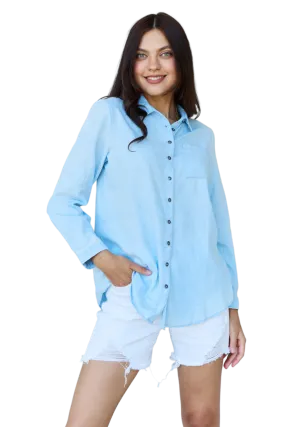 Doublju Blue Jean Baby Denim Button Down Shirt Top in Light Blue