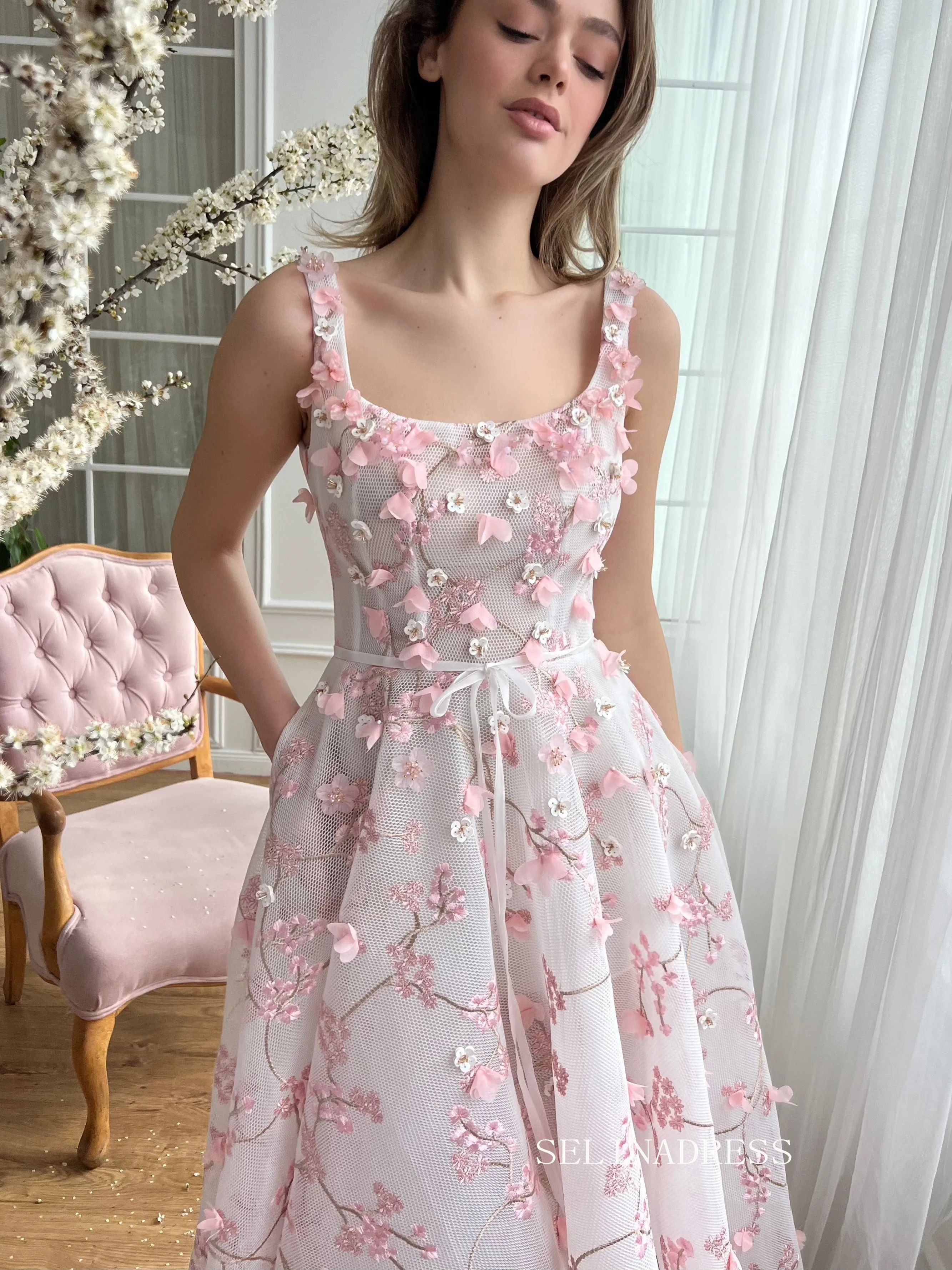 Dusty Pink Square Neck Midi Prom Dress 3D Flower Lace Tulle Party Dress JKL3130